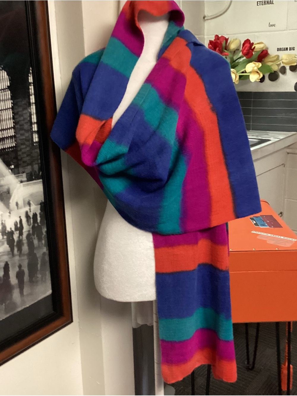 Colorblock Striped Wool Blend Throw in Blue, Orange, Teal & Magenta